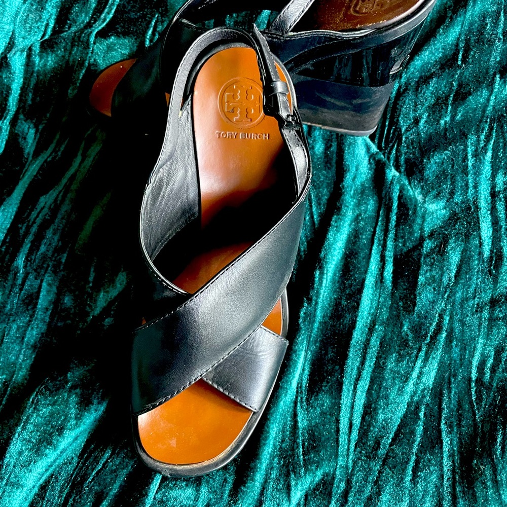 Tory Burch black and cognac wedge sandal
